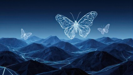 Obraz premium Abstract digital art of butterflies over a mountainous landscape