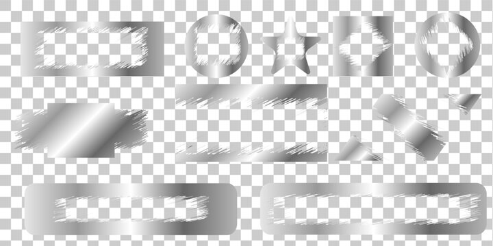 Card lottery scratch silver badges on transparent background - chalk shading smudged blotchy doodle elements. Rugged ragged glossy ink splatter.