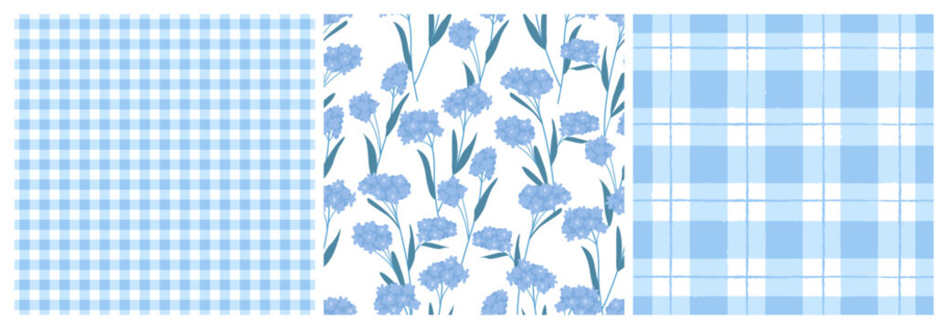Set of spring seamless patterns with gingham vichy plaid and blue flowers. Soft pastel vector backgrounds for fabric, wrapping paper, and stationery