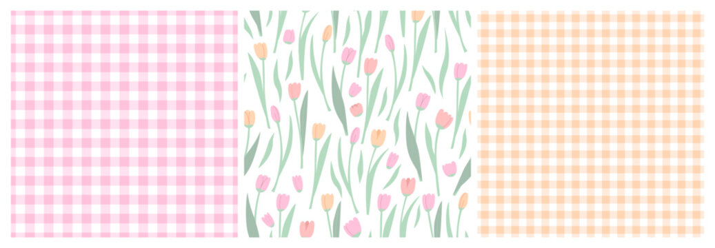 Set of spring seamless patterns with gingham vichy plaid and tulip flowers. Soft pastel vector backgrounds for fabric, wrapping paper, and stationery