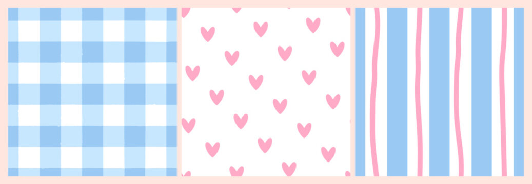 Set of spring seamless patterns with gingham vichy plaid, hand drawn stripes and hearts. Soft pastel vector backgrounds for fabric, wrapping paper, and stationery