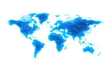 Fototapeta premium World map in blue digital grid showing global network, connectivity, data transfer, and technology concept on transparent background