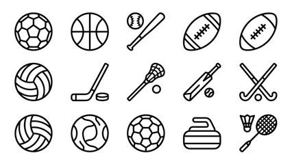 Obraz premium Vector Set of Team Sports Equipment Line Icons Featuring Soccer, Basketball, Baseball, Football, Hockey, Lacrosse, Cricket, Curling, and Badminton Gear in Minimalistic Black and White Style.