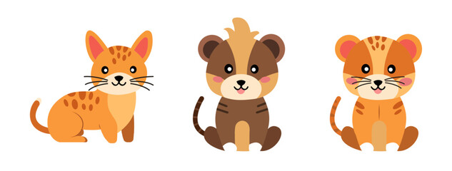 Obraz premium An adorable cartoon tiger character illustrated in a simple flat style with warm orange and brown colors. Ideal for children's projects, nursery decoration, educational materials, etc.