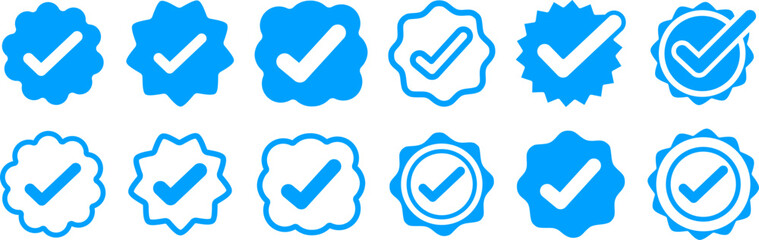 Verification Badge Stroke Icon Set &ndash; Blue Checkmark Approved Symbols.