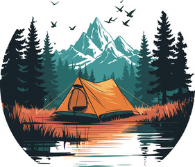 Professional hiking camping vector artwork for outdoor recreation, nature travel and adventure themed designs.