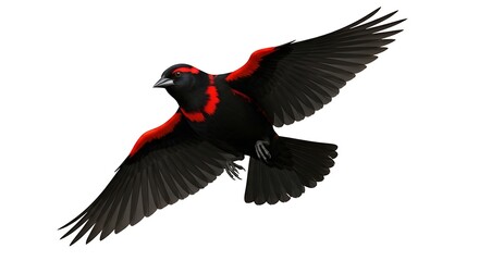 Obraz premium Stunning Red-shouldered Blackbird in Flight Against a White Background.