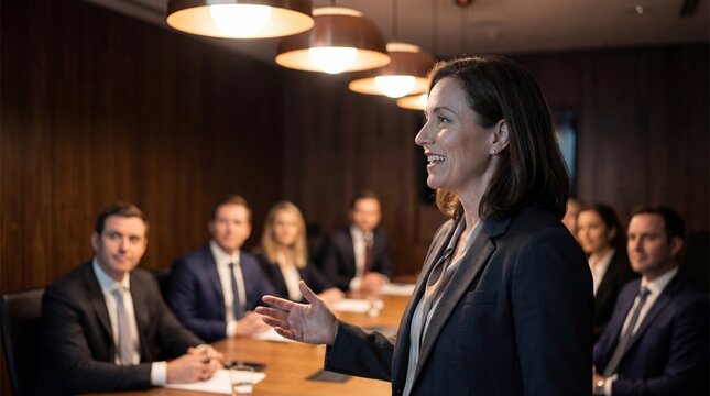 Confident female leader speaking at corporate boardroom meeting, professional woman executive presenting to business team, leadership, office presentation, manager, strategy, teamwork, group briefing.