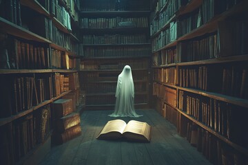 Mysterious ghostly figure in an ancient library with a large open book on the floor