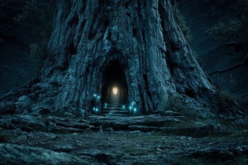 Mysterious tree doorway at night with glowing lights along a forest path