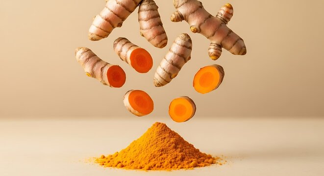 Turmeric roots and powder in a creative display of falling slices and whole roots above a pile of turmeric powder