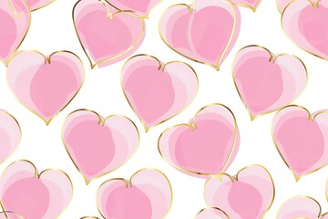 Pink heart pattern with gold outlined hearts on white background for romantic decor and design
