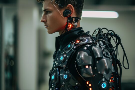 Portrait of a scientist wearing a futuristic exoskeleton in a modern laboratory, showcasing advanced technology