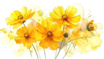 A vibrant watercolor painting featuring bright yellow cosmos flowers against a white background with subtle yellow washes.