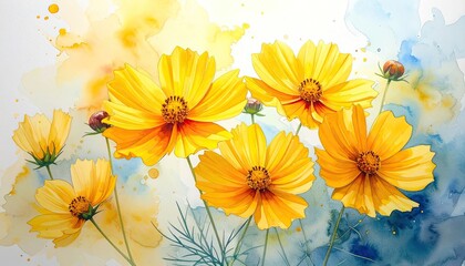 Vibrant watercolor painting of bright yellow cosmos flowers against a contrasting blue and yellow wash.