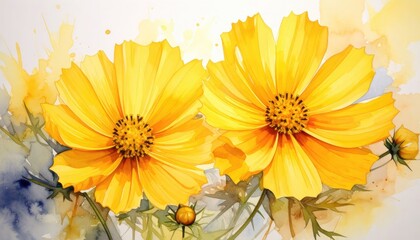 Vibrant watercolor painting of two bright yellow cosmos flowers blooming against a white and soft yellow background.