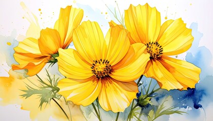 Vibrant watercolor painting of bright yellow cosmos flowers against a light, splashing background.