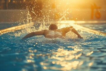 Swimmer trains in a sunlit outdoor pool at sunset, splashing water during a powerful stroke