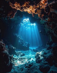 Dramatic sunbeams penetrate the deep, dark waters of an underwater cavern.
