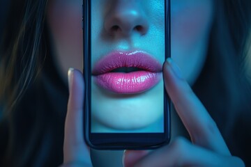 Closeup of lips on a smartphone screen with blue neon lighting and glossy makeup