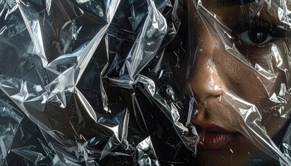 A close-up portrait featuring a person's face partially obscured by crinkled, reflective plastic sheeting.