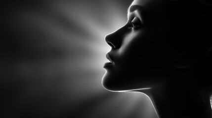 Obraz premium Woman's face silhouette with light rays in black and white 