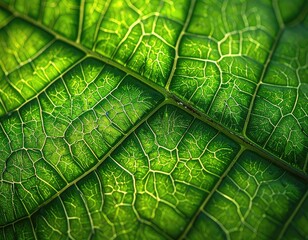 A vibrant, illuminated close-up reveals the intricate vein structure of a bright green leaf.