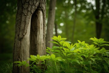 Tranquil forest scene with lush greenery and tree trunks