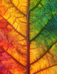 Extreme close-up showcasing vibrant autumnal color transition across leaf veins and texture.