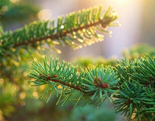 Close-up of vibrant green pine needles illuminated by warm, soft sunlight creating beautiful bokeh effects.