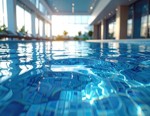 Obraz premium Close-up view of rippling blue water in a modern indoor swimming pool.
