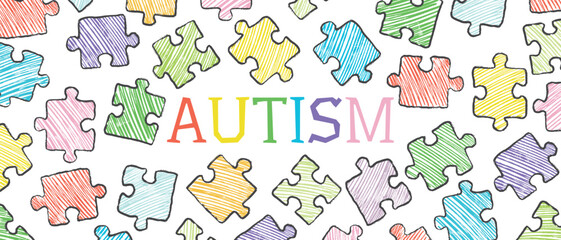 Obraz premium Hand drawn colorful jigsaw puzzle pieces. AUTISM text in rainbow colors on white background. Children disability. Vector sketch illustration in vintage crayon charcoal style
