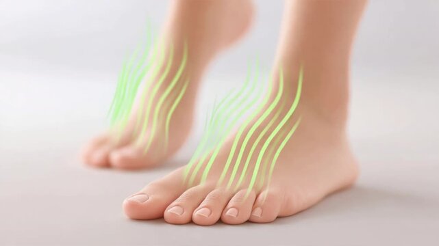 close-up of feet with green glow symbolizing unpleasant odor