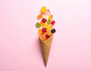 Colorful gumdrops spilling out of a waffle ice cream cone against a pale pink background.