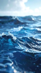 Close-up view of deep blue ocean waves cresting under a bright sky.