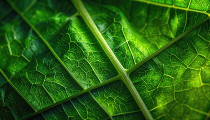 A macro close-up reveals the intricate network of veins on a vibrant green leaf.