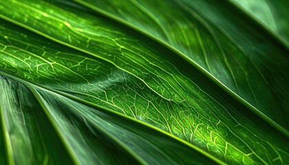 Macro photograph capturing the intricate vein structure and vibrant green color of a tropical plant leaf.