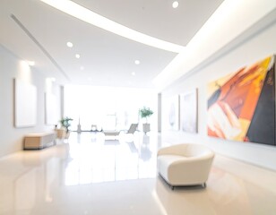 Blurred modern interior space featuring abstract art and contemporary white furniture.