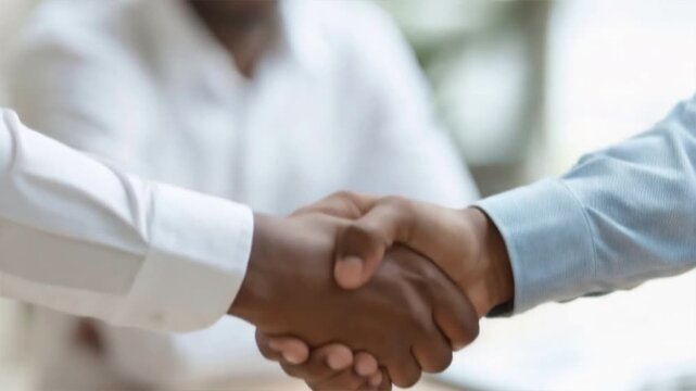 Two professionals shake hands in agreement, symbolizing partnership and collaboration in a business environment.