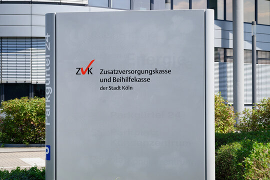 Cologne, Germany July 20 2024: Entrance pylon of the Zusatzversorgungskasse (ZVK) der Stadt K&ouml;ln. Modern office building and corporate signage in the Parkg&uuml;rtel area, Cologne