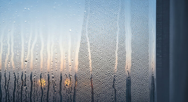 Tiny water droplets and condensation on cold glass window pane with blurry city lights during sunrise. Rainy weather and melancholy mood. Macro photography style.