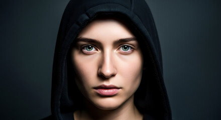 Intense focused look of a young female athlete in a black hood before competition. Determination, mental strength and concentration. Cinematic portrait style.