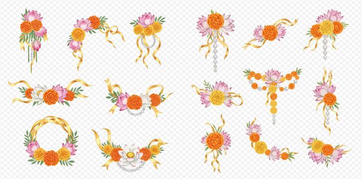 Set of floral arrangements with marigolds and ribbons, traditional Indian wedding decorations.