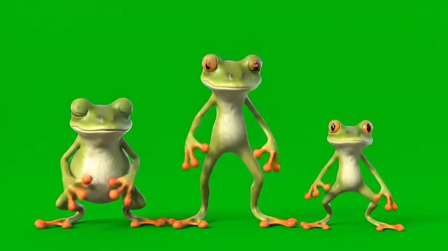 Three vibrant green frogs with distinctive red eyes stand upright in a playful and somewhat anthropomorphic pose against a bright green screen, ideal for digital animation and creative projects