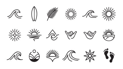 Naklejka premium Minimalist beach icons set with sun wave and palm elements