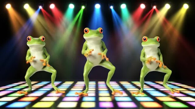 Animated green frogs bring the party to life, showcasing their vibrant dance moves on a pulsating disco floor illuminated by colorful spotlights, creating an energetic and fun celebration scene