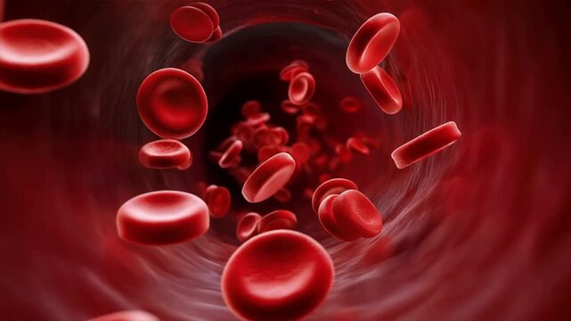 A detailed view inside a blood vessel, showcasing red blood cells flowing through the bloodstream in a vibrant environment.