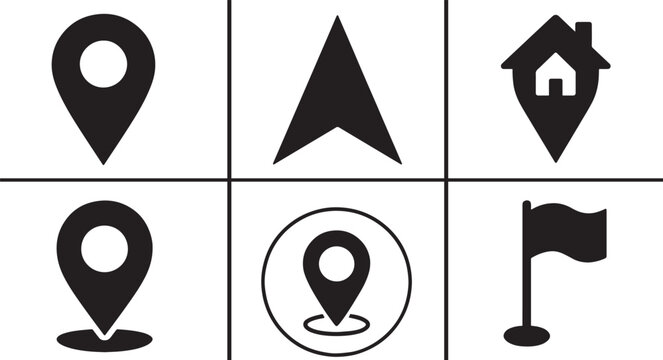 Solid style location marker icons with classic map pin symbols for navigation, GPS, web and app UI.