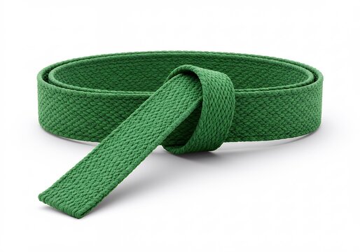 Green Martial Arts Belt for Judo or Jiu Jitsu Proficiency Level, Tied Textile Strap with Detailed Fabric Texture Isolated on White, Combat Sports Gear Concept