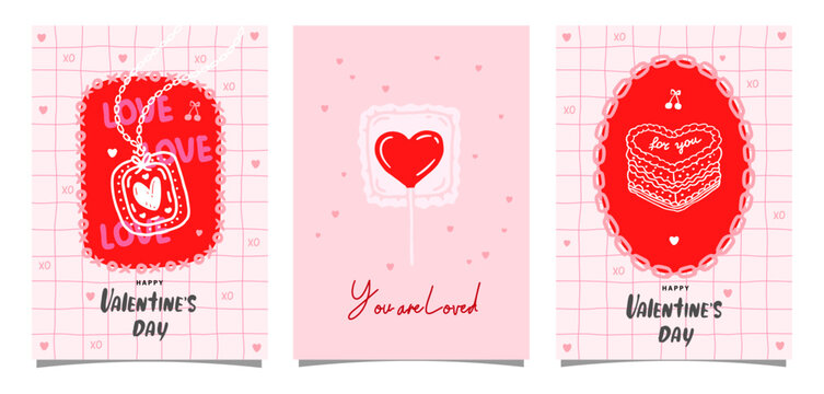 Valentines whimsy set of cards with love symbols, greeting card, background, vertical poster, creative hand drawn vector illustration
